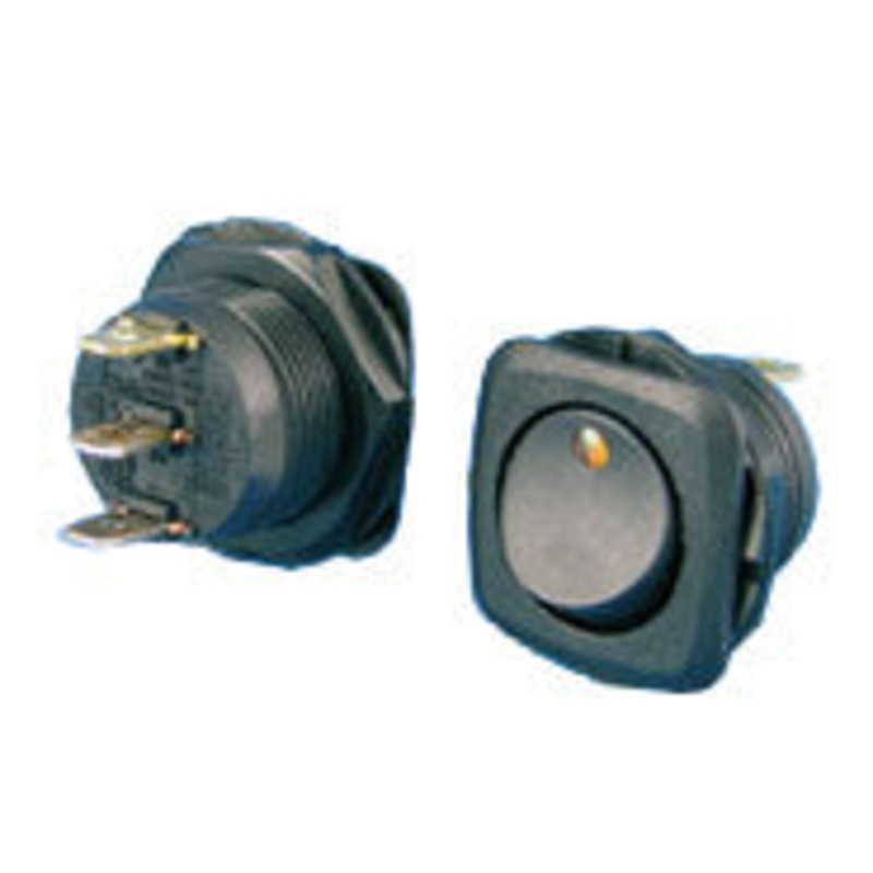 Rocker Switch Square with Round Hole  – Black with Amber LED