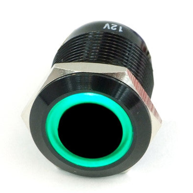 Vandal Resistant Illuminated Momentary Switch – Black – 22/19mm – Green Ring