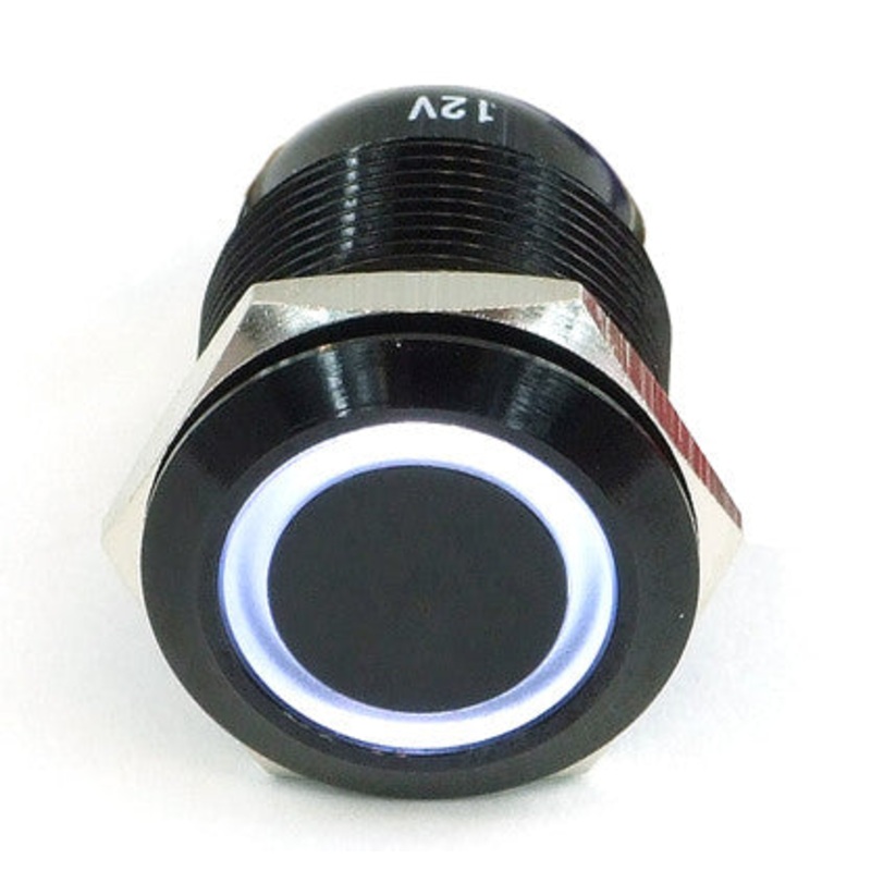 Vandal Resistant Illuminated Momentary Switch – Black – 22/19mm – White Ring