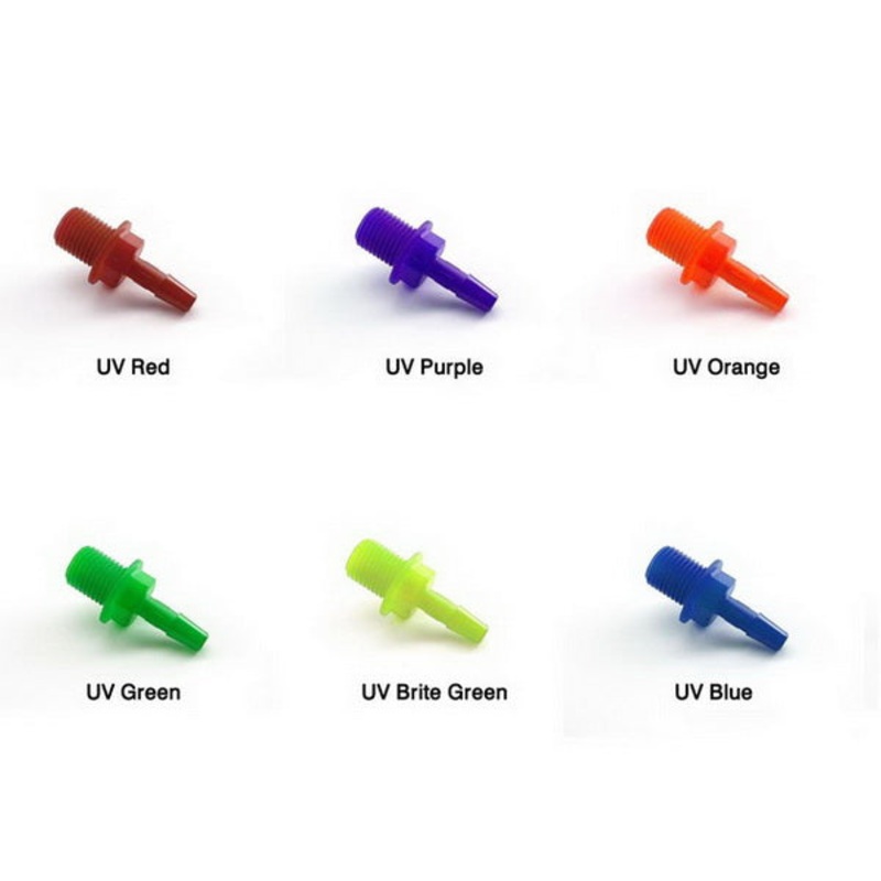 Primochill Polypropylene Flanged 1/4 NPT Threaded to 1/4 Straight Barb – UV Colors