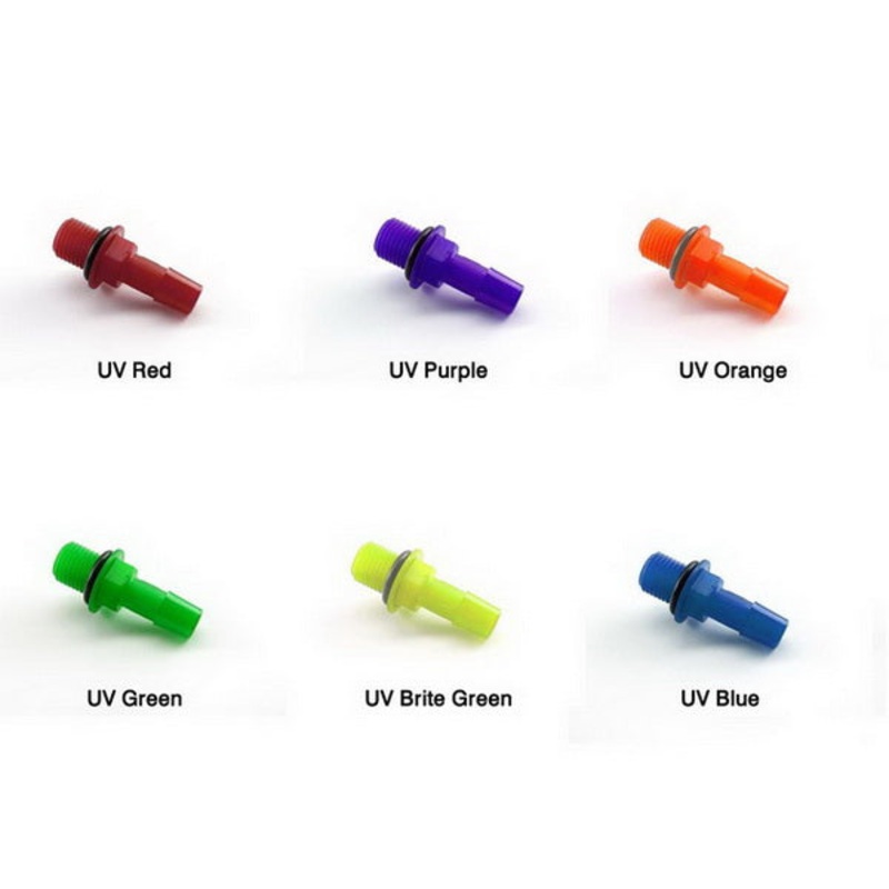 Primochill Polypropylene Flanged 1/4 NPT Threaded to 3/8 Straight Barb – UV Colors