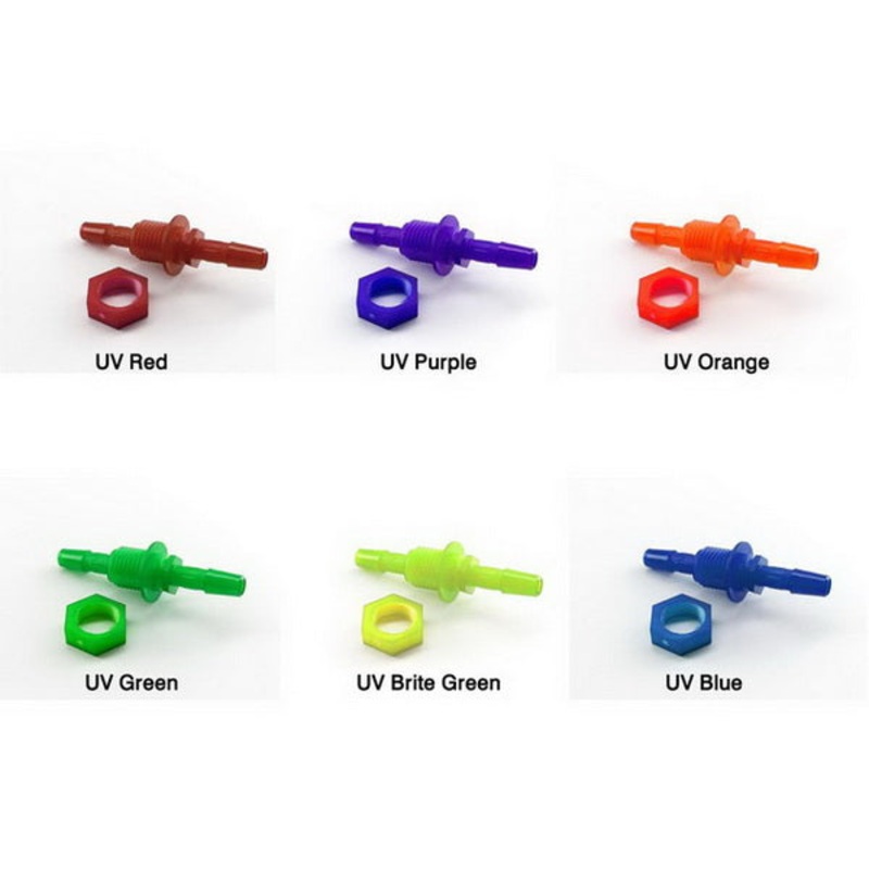 Primochill Polypropylene Straight Thread Bulkhead w/ Nut  to Dual 1/4 Straight Barbs – UV Colors
