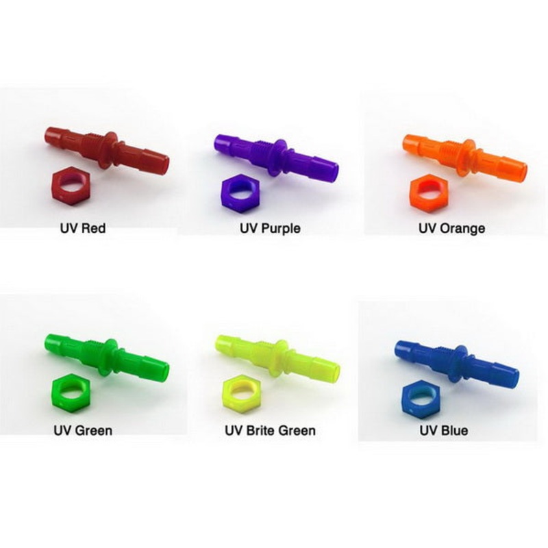 Primochill Polypropylene Straight Thread Bulkhead w/ Nut  to Dual 3/8 Straight Barbs – UV Colors