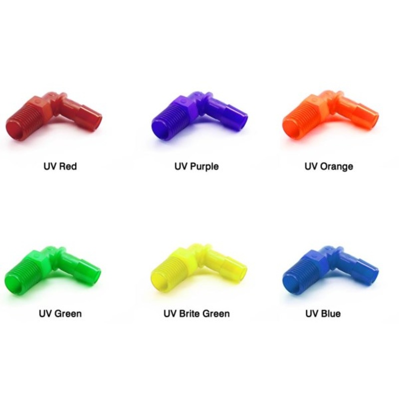 Primochill Polypropylene Flanged 1/4 BSPT (G 1/4) Threaded to 3/8 Elbow Barb – UV Colors