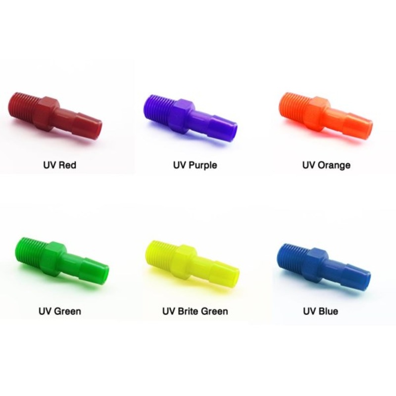Primochill Polypropylene Flanged 1/4 BSPT (G 1/4) Threaded to 3/8 Straight Barb – UV Colors