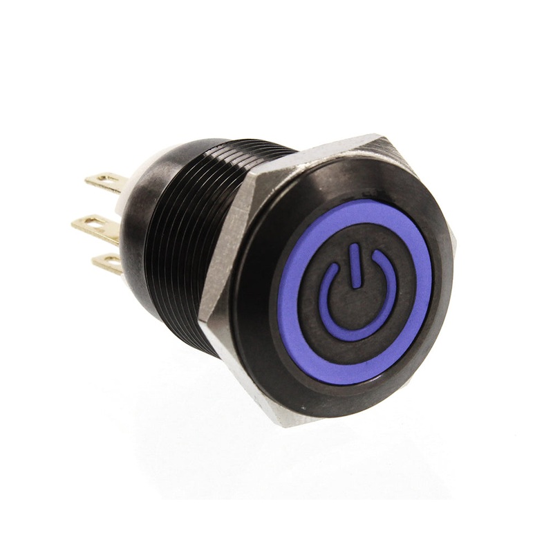 ModMyToys Anodized Illuminated Switch – 22mm Momentary – Power Symbol Black Chrome/Blue