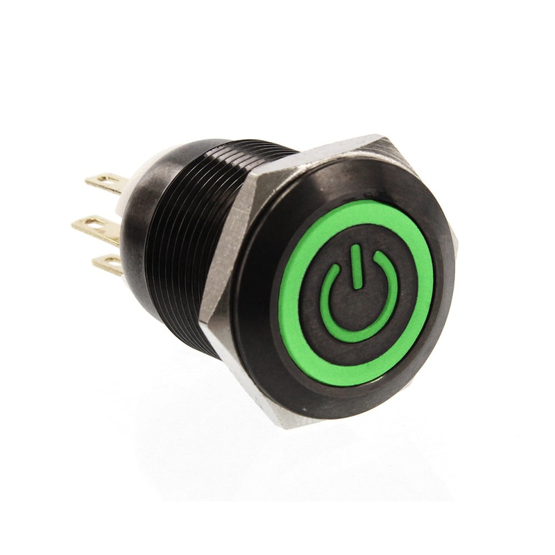 ModMyToys Anodized Illuminated Switch – 22mm Momentary – Power Symbol Black Chrome/Green