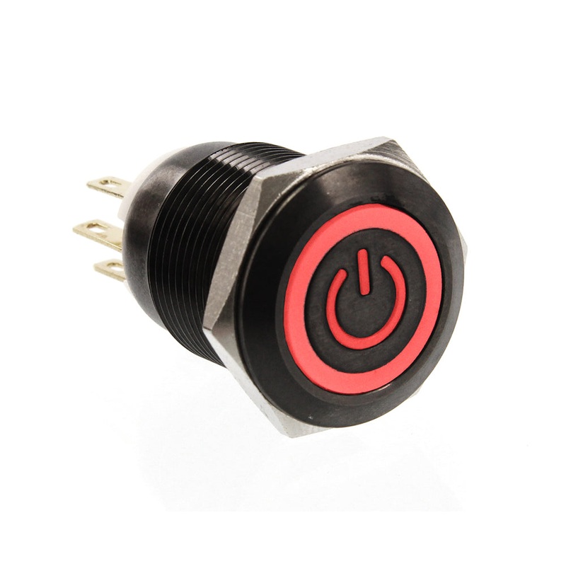 ModMyToys Anodized Illuminated Switch – 22mm Momentary – Power Symbol Black Chrome/Red