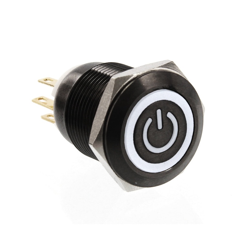 ModMyToys Anodized Illuminated Switch – 22mm Momentary – Power Symbol Black Chrome/White