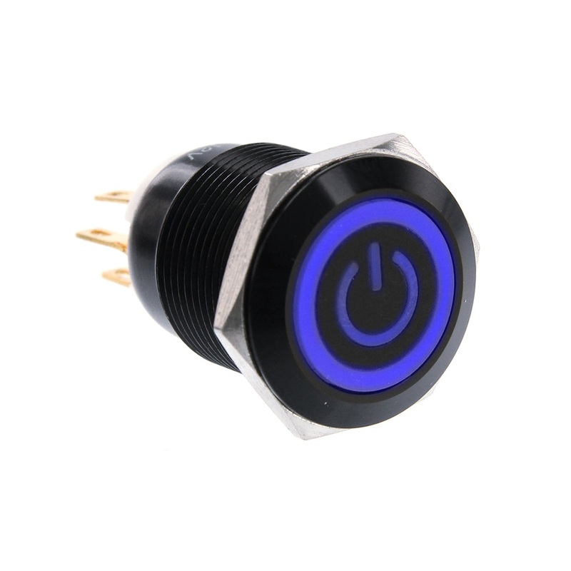 ModMyToys Anodized Illuminated Switch – 22mm Momentary – Power Symbol Matte Black/Blue