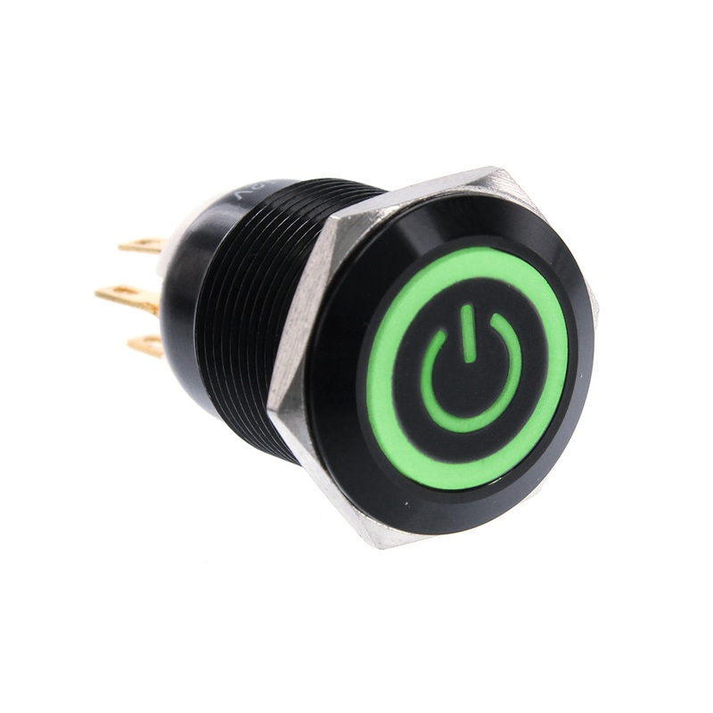 ModMyToys Anodized Illuminated Switch – 22mm Momentary – Power Symbol Matte Black/Green