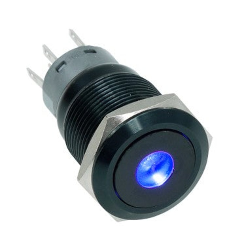 Vandal Resistant Illuminated Latching Switch – Black – 18/16mm – Blue Dot