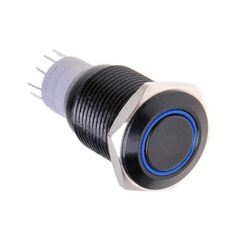 Vandal Resistant Illuminated Latching Switch – Black – 18/16mm – Blue Ring