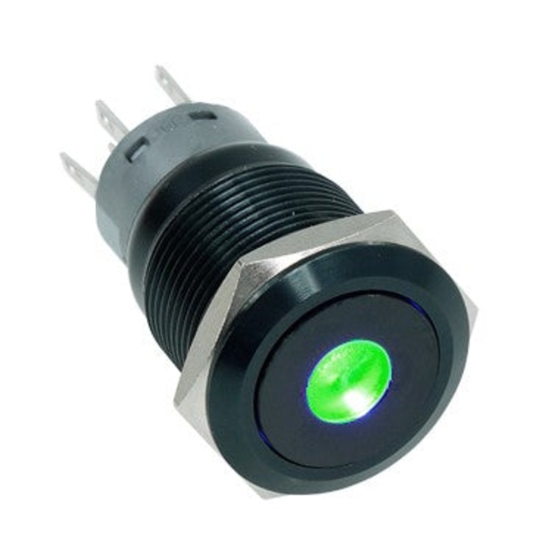 Vandal Resistant Illuminated Latching Switch – Black – 18/16mm  – Green Dot