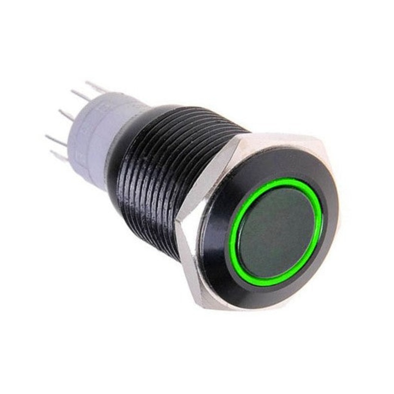 Vandal Resistant Illuminated Latching Switch – Black – 18/16mm – Green Ring
