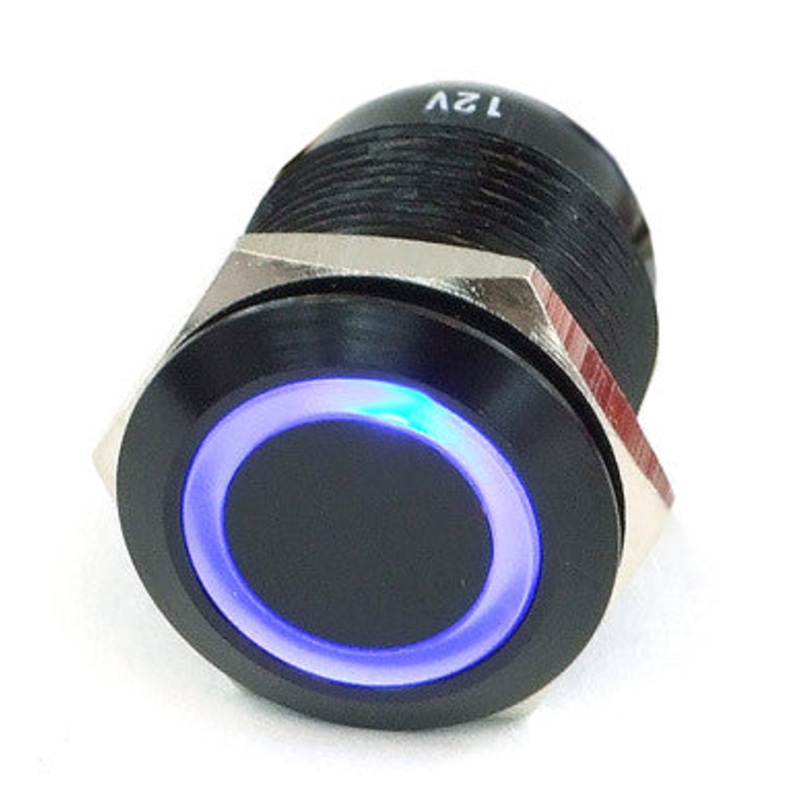Vandal Resistant Illuminated Latching Switch – Black – 22/19mm – Blue Ring