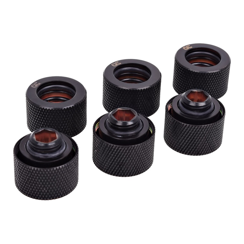 Alphacool HT 16mm HardTube compression fitting G1/4 for plexi- brass tubes (rigid or hard tubes) – knurled – deep black sixpack
