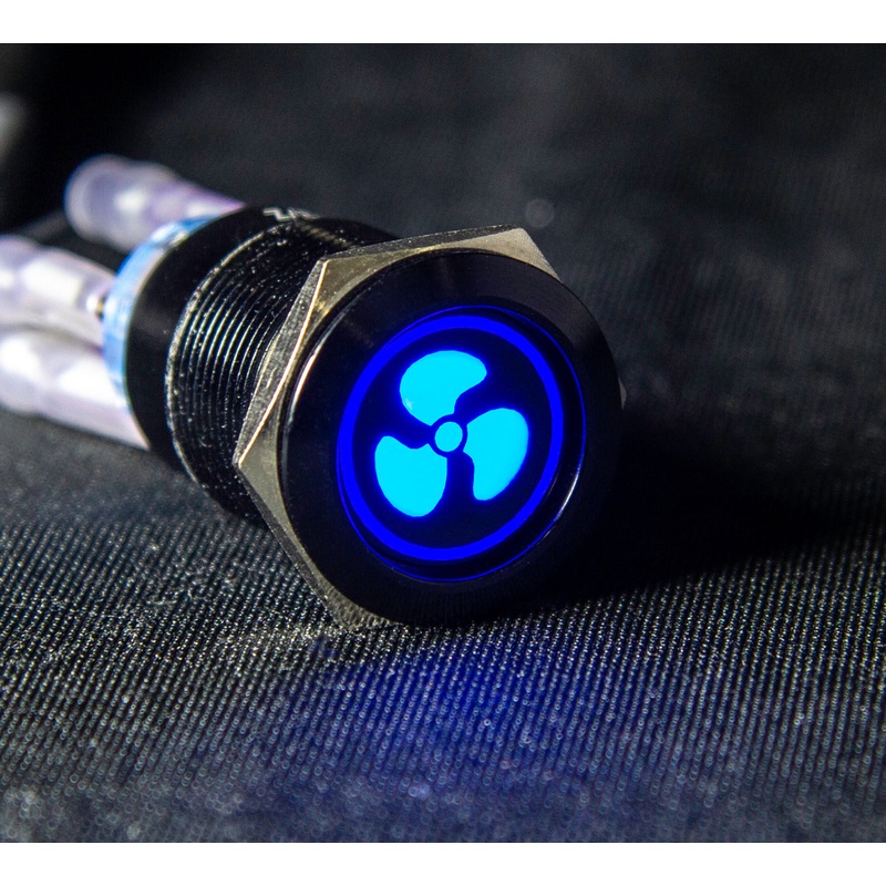 19mm latching switch with 12v Fan logo LED -Blue