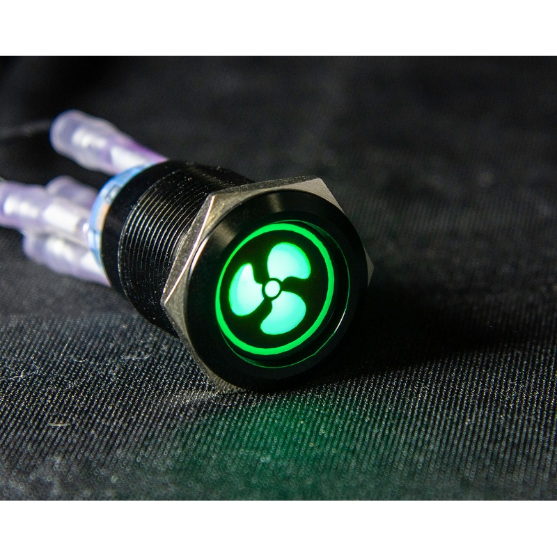 19mm latching switch with 12v Fan logo LED -Green