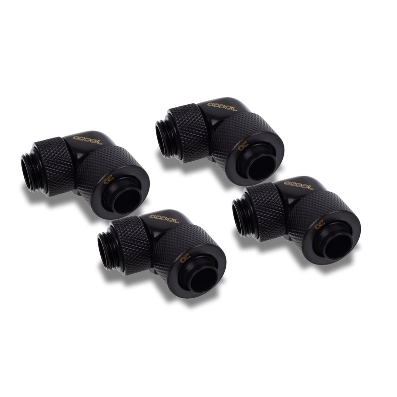 Alphacool Icicle 16mm HardTube compression fitting 90 rotatable G1/4 for Acryl/Brass tubes – 4pcs Set Deep Black