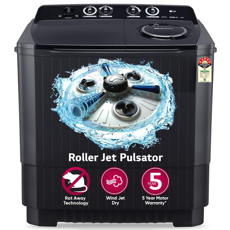 LG P1155SKAZ 11 Kg 5 Star Wind Jet Dry Rat Away Technology Semi-Automatic Top Loading Washing Machine ( Roller Jet Pulsator, Punch + 3, Middle Black)