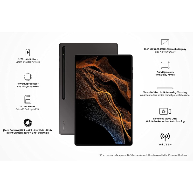 Samsung Galaxy Tab S8 Ultra 37.08 cm (14.6 inch) sAMOLED Display, RAM 12 GB, ROM 256 GB Expandable, S Pen in-Box, Wi-Fi Tablet, Graphite