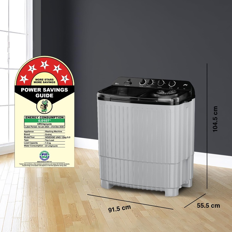 Godrej WS EDGE UNO 120 5.0 PB4 MIGR 12 Kg 5 Star Semi-Automatic Top Load Washing Machine With Air Dry and 4 Wash Programs (  Aqua Power Pulsator, Mist grey)
