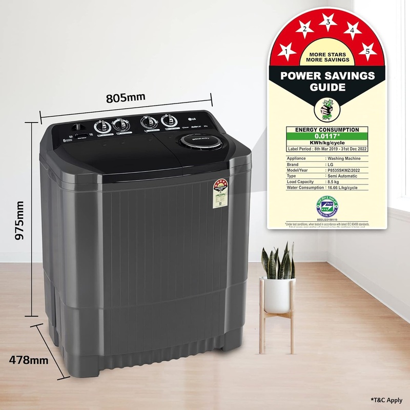 LG P8535SKMZ 8.5 Kg 5 Star Wind Jet Dry Rat Away Technology Semi-Automatic Top Loading Washing Machine ( Roller Jet Pulsator, Collar Scrubber, Middle Black)