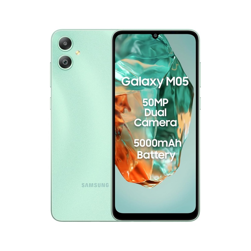 Samsung Galaxy M05 (Mint Green, 4GB RAM, 64 GB Storage) | 50MP Dual Camera | Bigger 6.7 HD+ Display | 5000mAh Battery | 25W Fast Charging | 2 Gen OS Upgrade & 4 Year Security Update | Without Charger